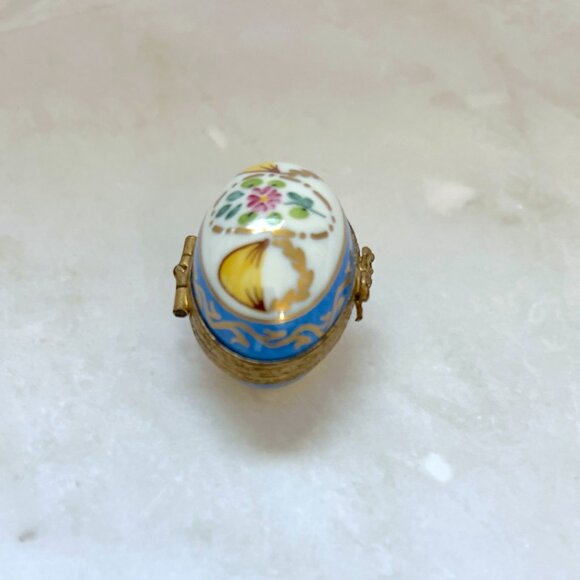 Peint Main Limoges Egg Trinket Box: Blue Gold Wave, Bow Clasp - Picture 5 of 6
